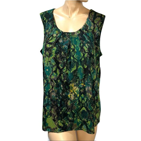 Kasper Size XL Tank Top Green Snakeskin Print Pleated Neck Sleeveless Blouse NWT - Picture 1 of 9